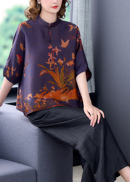 Elegant Standing Collar Printed Silk Blouse Top