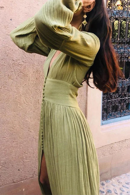 Sexy Deep V Button Long Sleeve Extra Long Dress