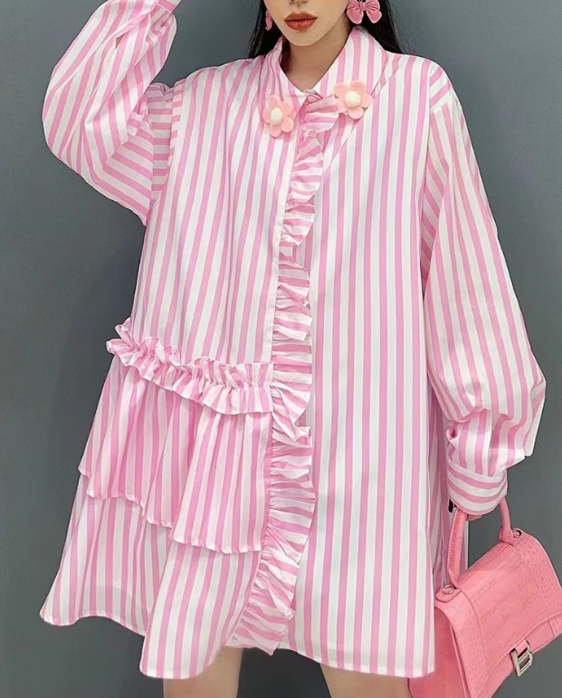 Stylish Striped Ruffle Shirt Dress