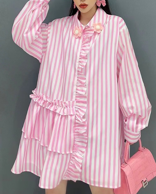 Stylish Striped Ruffle Shirt Dress