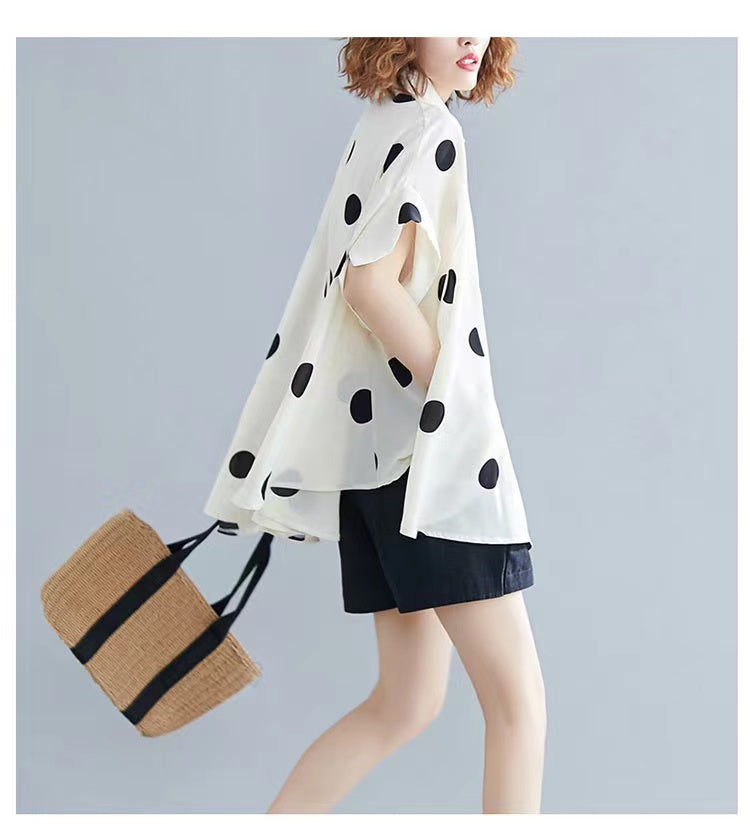 Plus Size Lapel Black White Polka Dot Printed Bat Sleeve Shirt Top