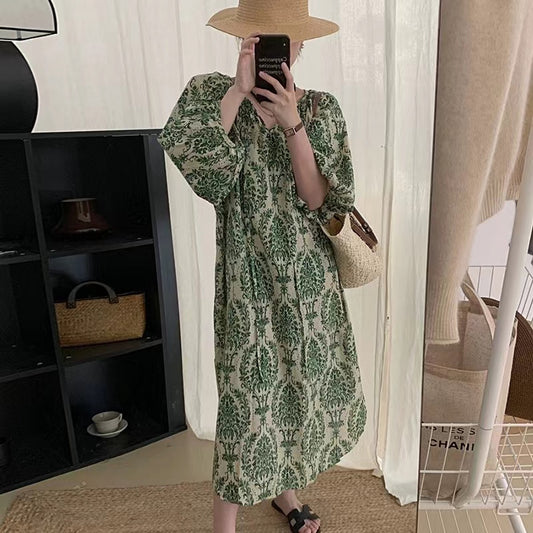 Casual round neck floral lantern sleeve dress