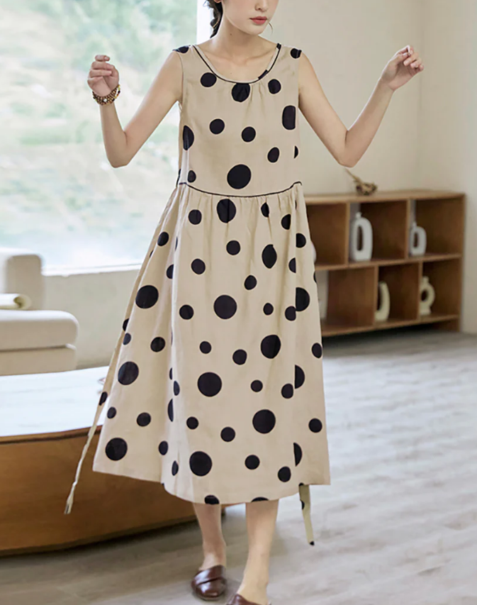 Women's Polka Dot Drawstring Linen Vest Dress