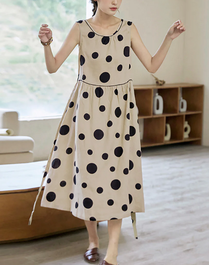 Women's Polka Dot Drawstring Linen Vest Dress