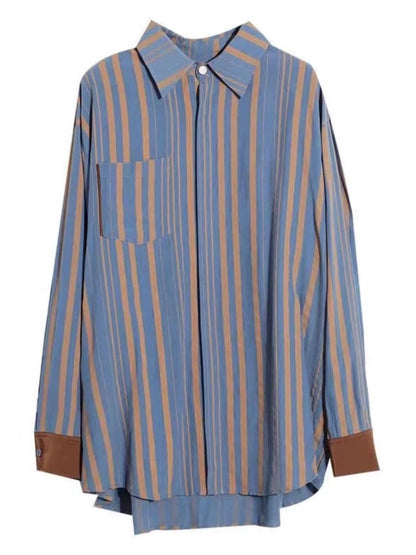 Casual Lapel Striped Color Clash Long Sleeve Shirt Top