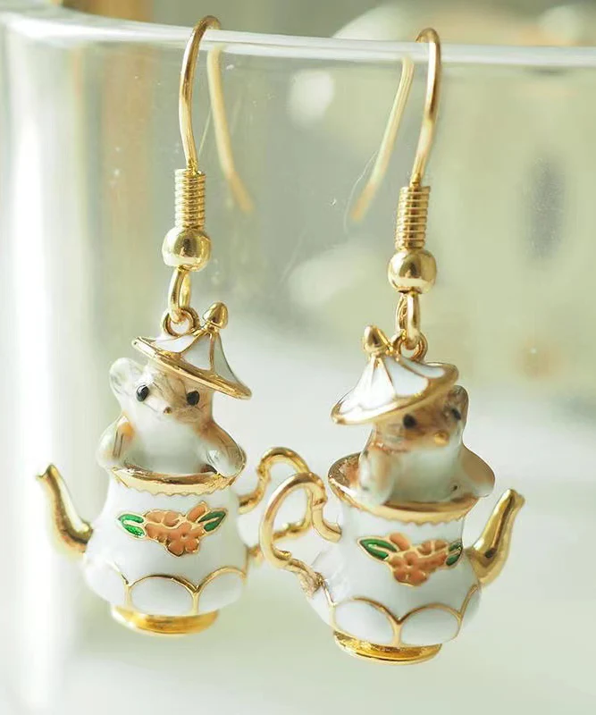 Women's Sterling Silver Gold Plated Teacup Squirrel Dangle Earrings