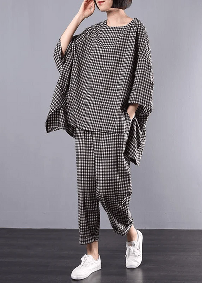 Plus Size Cotton and Linen Plaid Vintage Shirt and Pants Two Piece Set