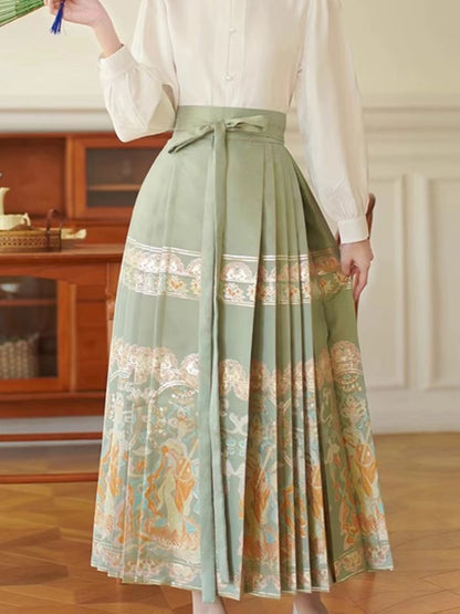 Elegant Vintage Green Printed Pleated Skirt