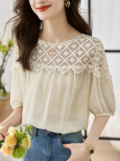 Elegant Lace Patchwork Cotton Interrupted Blouse Top