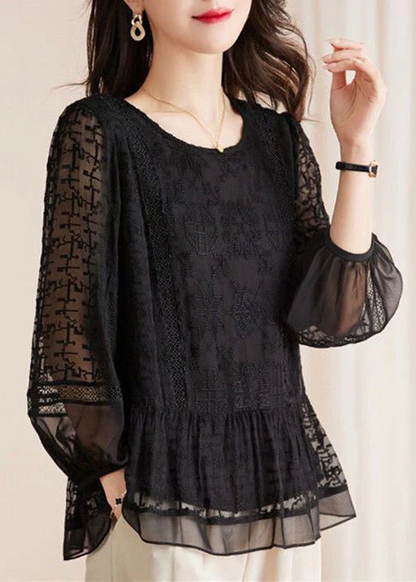 There are oh yo black embroidered cut-out lace blouse long-sleeved blouse