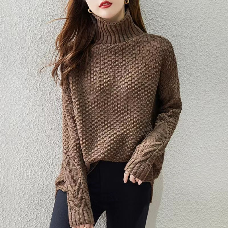 Loose high neck patchwork knit cotton sweater