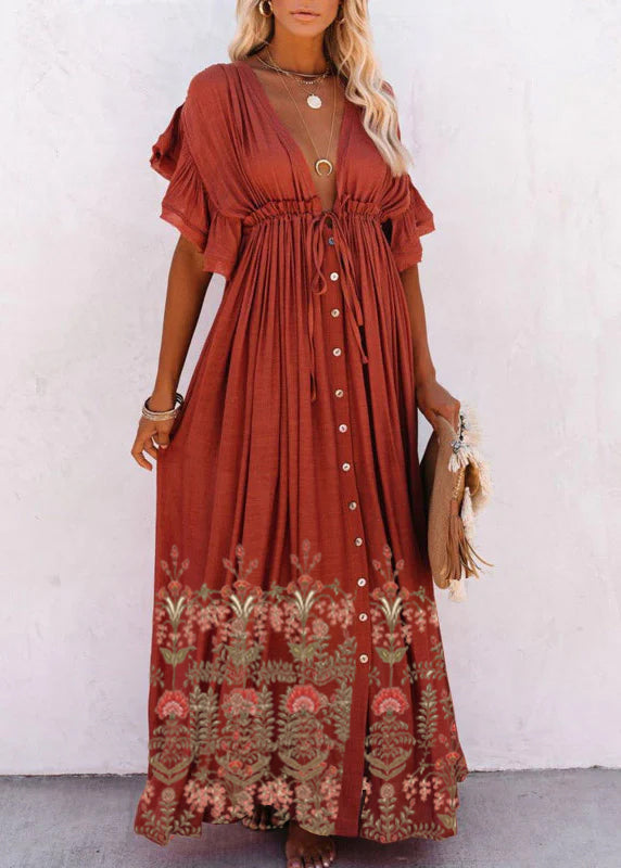 Bohemian Beach Drawstring Short Sleeve Button Down Dress