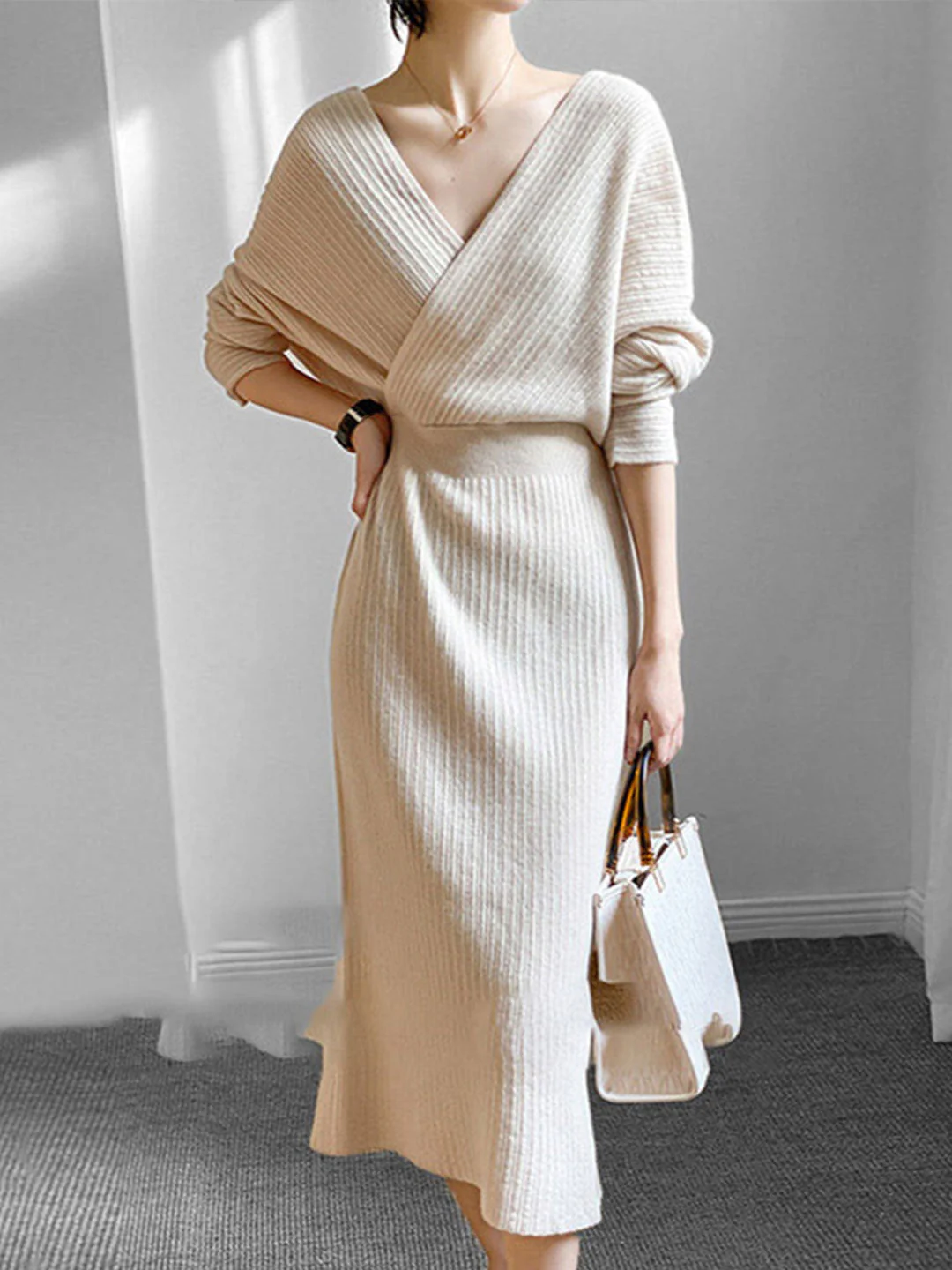 Women's V-Neck Knit Sweater Dresses