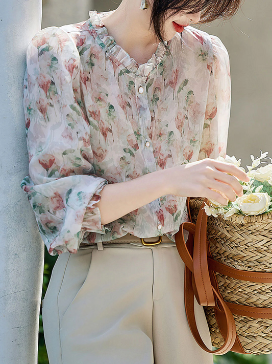 Elegant Printed Floral Ruffle Chiffon Blouse Top