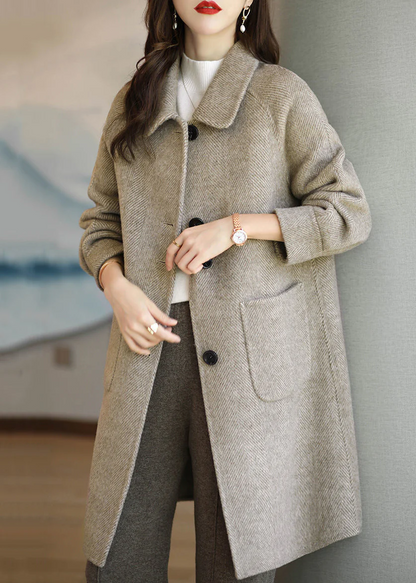 Button Pocket Patchwork Thick Tweed Mid-Length Coat