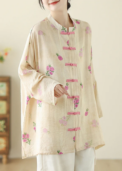 Chinese Style Printed Buttoned Cotton Shirt Spring