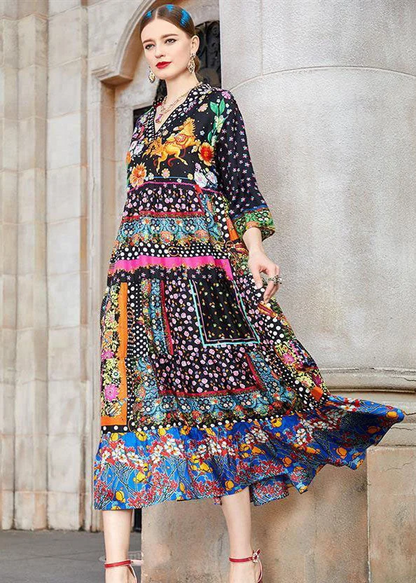 Bohemian Colorblocked V-Neck Printed Silk Long Dress