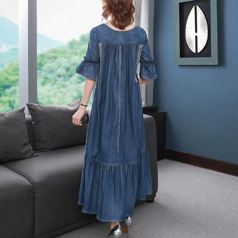 O Neck Embroidered Denim Short Sleeve Dress