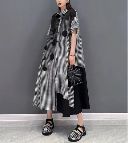 Fashion Casual Plaid Polka Dot Short Sleeve Shirt Dress