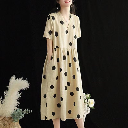 Plus Size V-Neck Collision Color Polka Dot Short Sleeve Dress