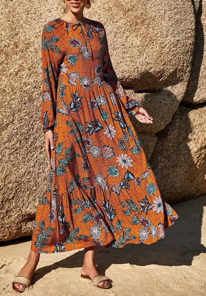 Elegant Printed Strappy Long Sleeve Dress