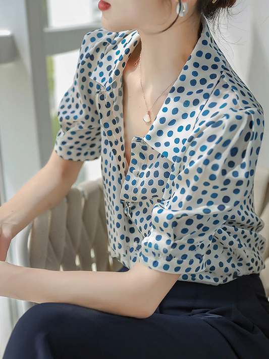 Elegant Printed Dot Bubble Sleeve Blouse Top