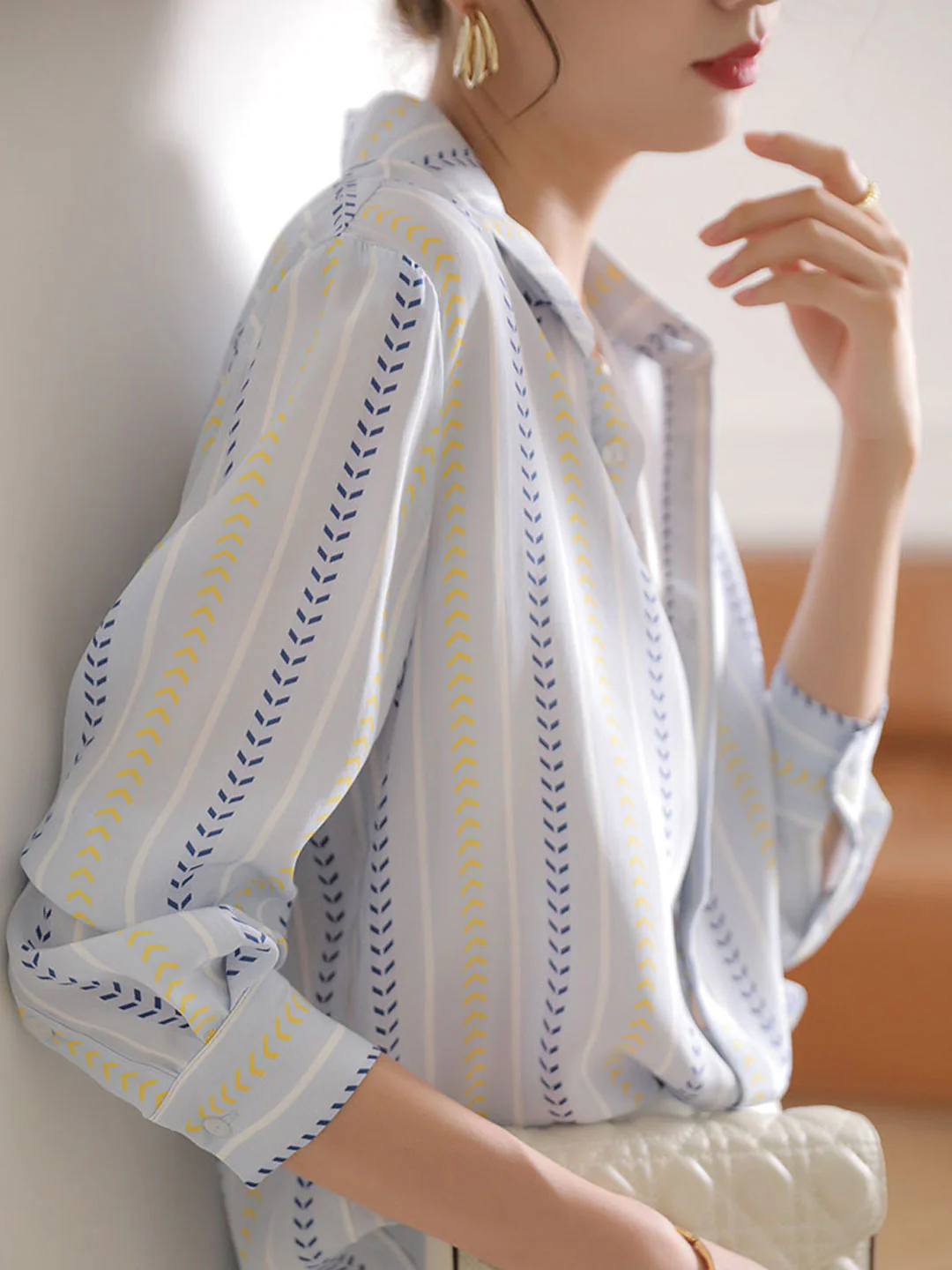 Elegant Lapel Stripe Print Long Sleeve Shirt