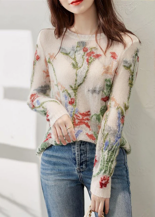 French O-Neck Floral Cutout Knit Sweater