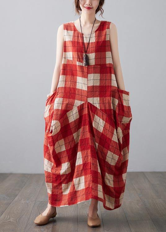 Casual Red Plaid Sleeveless Pocket Dress