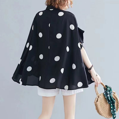 Plus Size Lapel Black White Polka Dot Printed Bat Sleeve Shirt Top