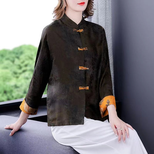 Fashion Standing Collar Printed Button Side Opening Silk Long Sleeve Coat