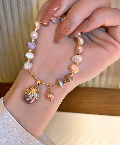 Women's Gold Copper Zirconia Pearl Fortune Cat Bracelet