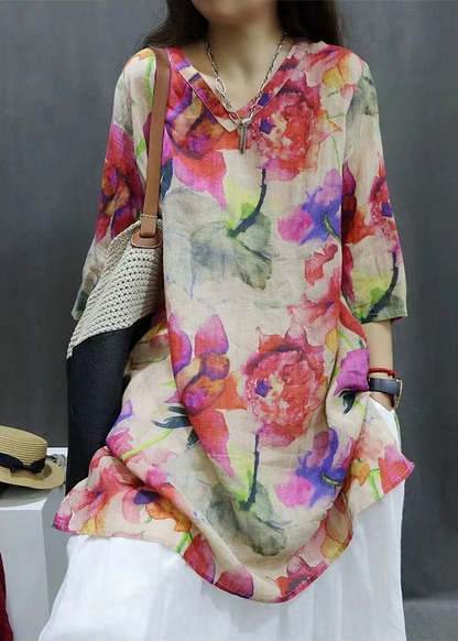 Chinese V-Neck Printed Asymmetric Linen Short Sleeve Shirt