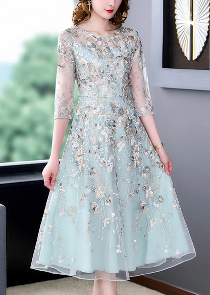 Elegant Round Neck Embroidered Floral Drawstring Organza Long Half Sleeve Dresses