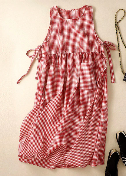 Chic Side Open Pockets Plaid Linen Extra Long Dress Sleeveless