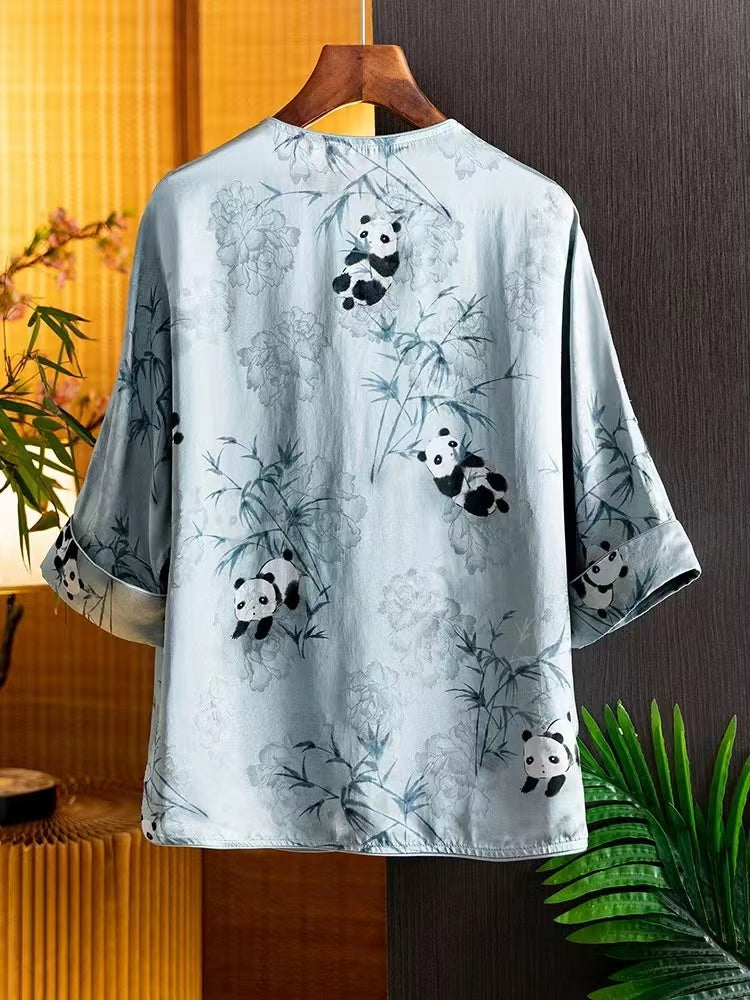 Chinese Printed Asymmetric Silk Button Long Sleeve Top