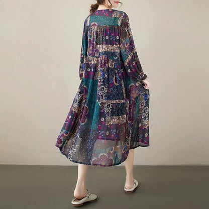 Loose v-neck printed lantern long sleeve dress