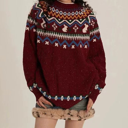 Loose Red Geometric Sweater