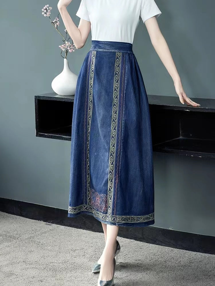 High Waist Geometric Embroidery Long Half Skirt