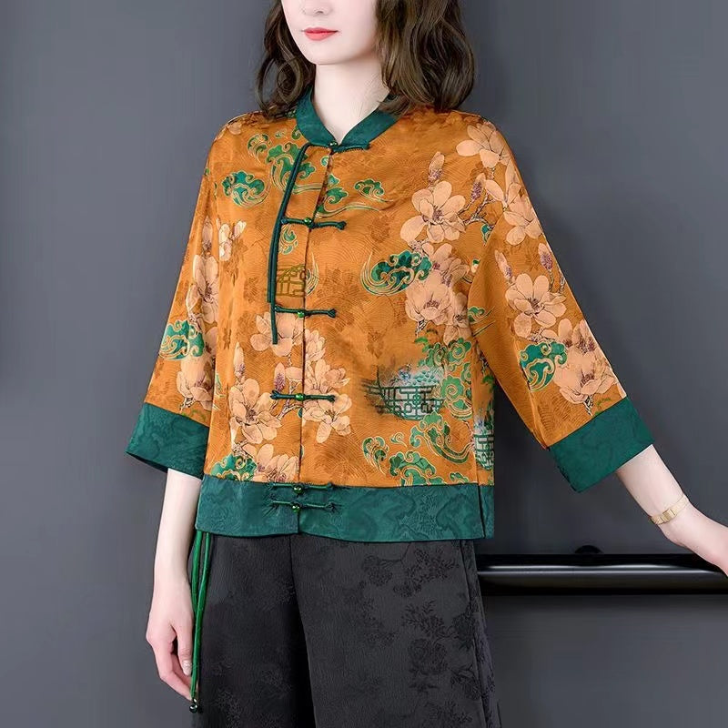 Chinese Style Printed Color Clashing Button Shirt Top