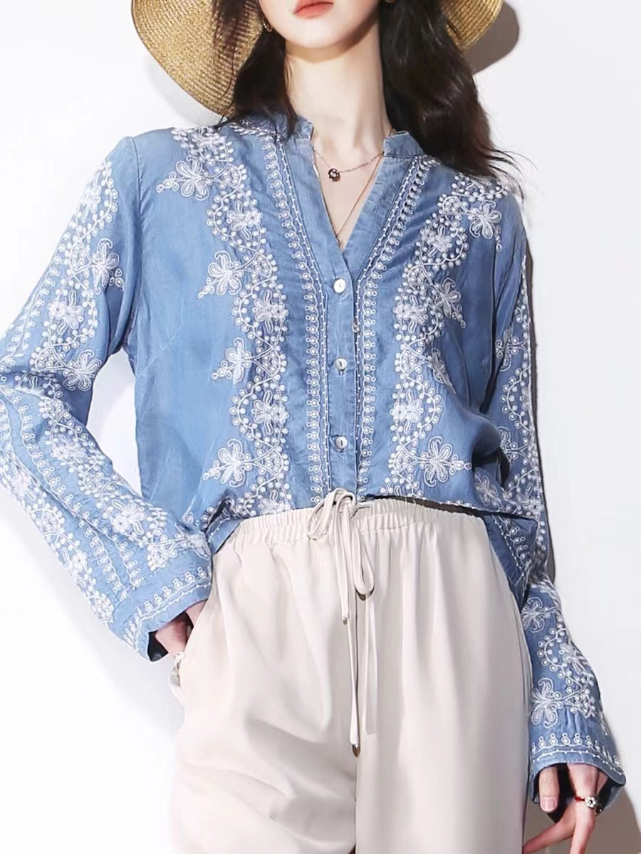 Fashion V-Neck Embroidered Floral Cardigan Long Sleeve Shirt Denim