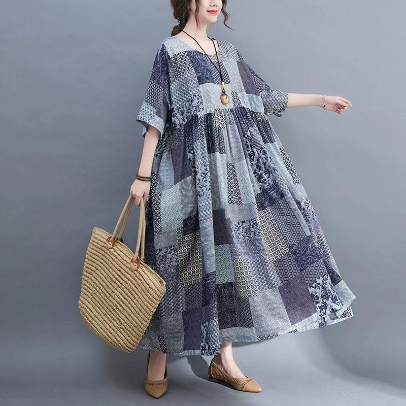 Italian Plaid Linen Cotton Women's Crew Neck Cotton Dress