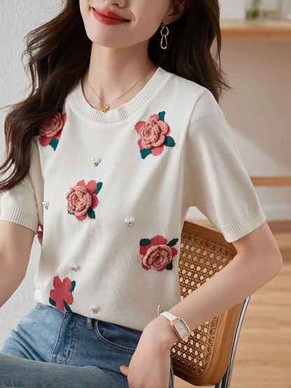 Elegant Round Neck Bubble Sleeve Floral Knit Short Sleeve Blouse Top