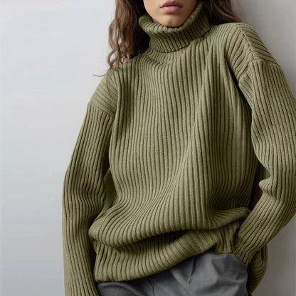 High Neck Green Pullover Knitted Sweater