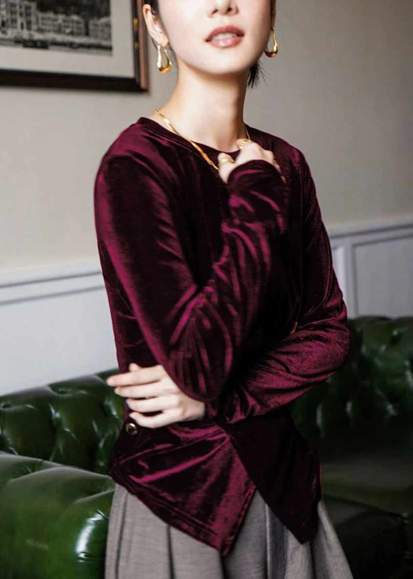 Elegant velvet blouse with asymmetric buttons long sleeves