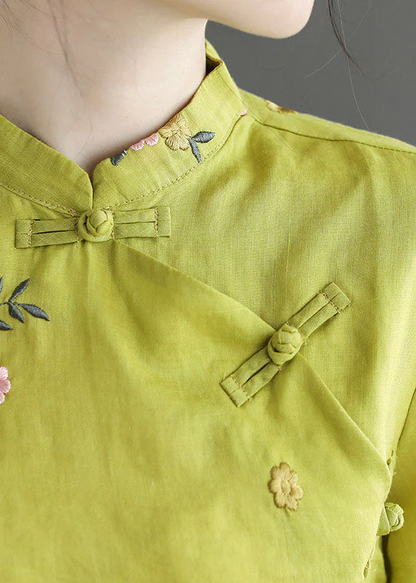 Yellow Chinese Standing Collar Floral Embroidery Linen Long Sleeve Shirt Spring