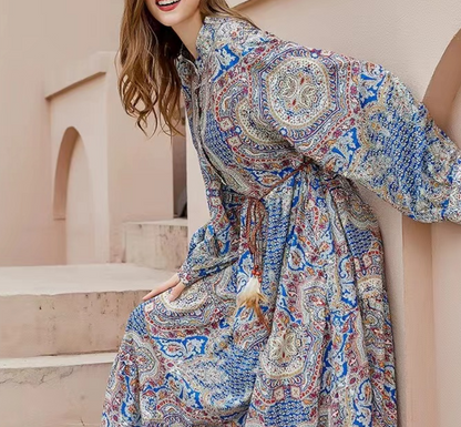 French Geometric Print Lapel Long Sleeve Long Dress