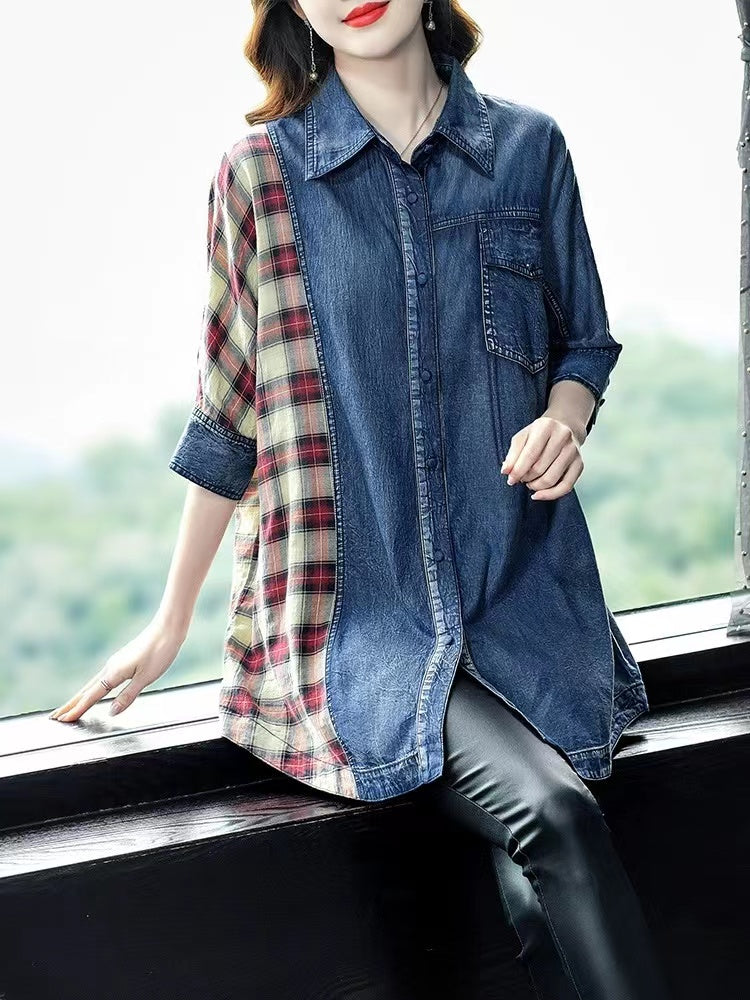 Fashion Patchwork Lapel Cardigan Short Sleeve Denim Top