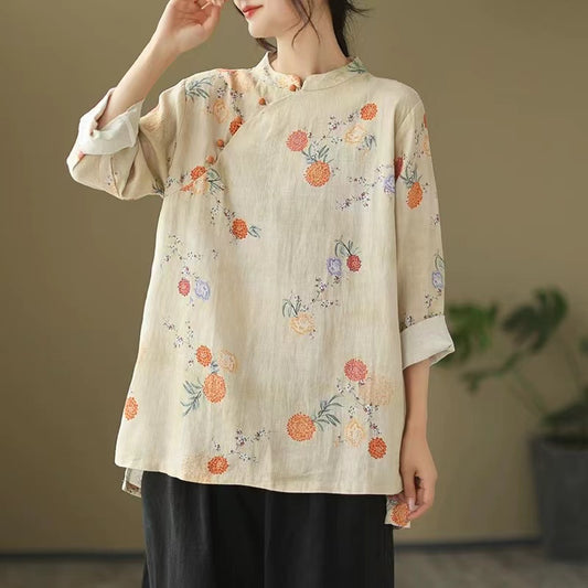 Loose Standing Collar Printed Long Sleeve Cotton Blouse Top