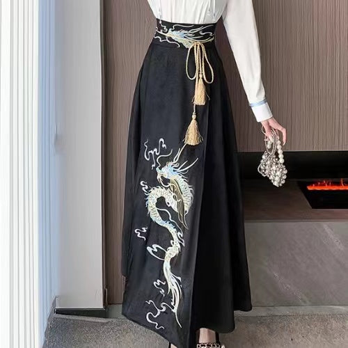 Elegant Embroidered Dragon Strappy Pleated Skirt